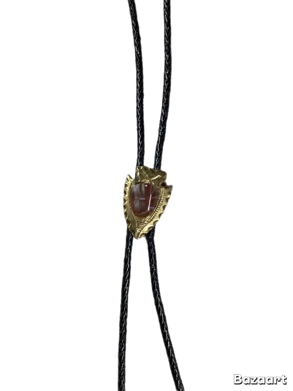 Vintage Gold Tone Arrowhead Bolo Tie Amber Stone Black Leather Cord (217)